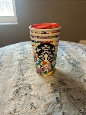 Starbucks White Floral Ceramic Tumbler with Coral Lid